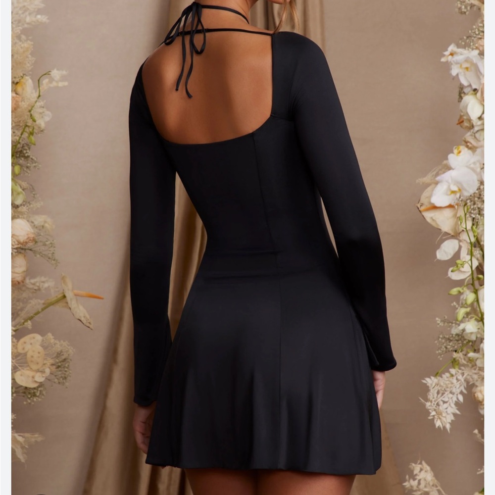 Long Sleeve Cross Over Strap Mini Dress in Black - Picture 2 of 4